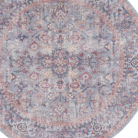 8' Blue and Red Round Floral Power Loom Distressed Area Rug Photo 7