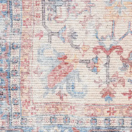 8' Blue and Red Round Floral Power Loom Distressed Area Rug Photo 5