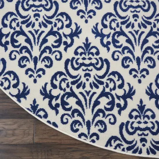 8' Blue and White Round Damask Power Loom Area Rug Photo 7