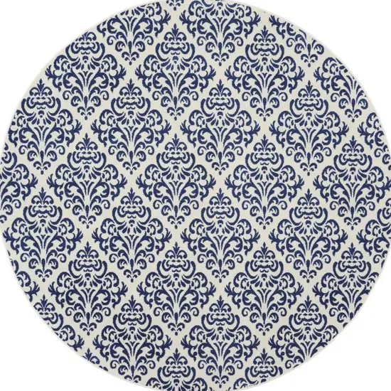 8' Blue and White Round Damask Power Loom Area Rug Photo 5