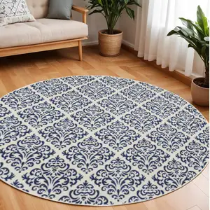 Photo of 8' Blue and White Round Damask Power Loom Area Rug