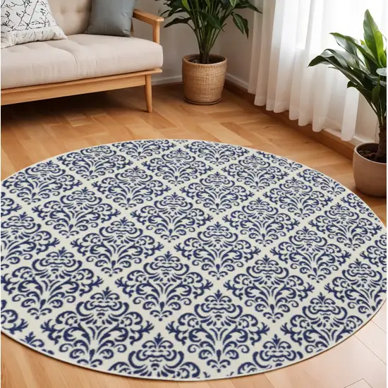 8' Blue and White Round Damask Power Loom Area Rug Photo 1