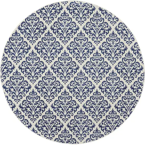 8' Blue and White Round Damask Power Loom Area Rug Photo 2