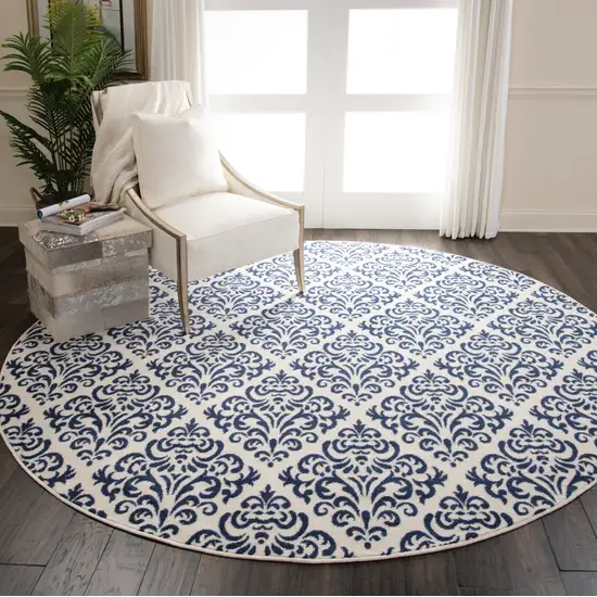 8' Blue and White Round Damask Power Loom Area Rug Photo 6