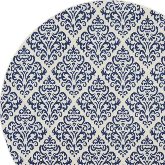 8' Blue and White Round Damask Power Loom Area Rug Photo 4