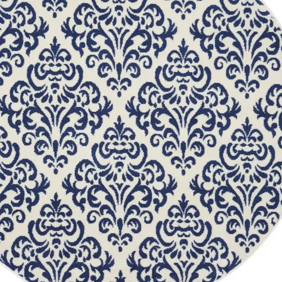 5' Blue and White Round Damask Power Loom Area Rug Photo 4