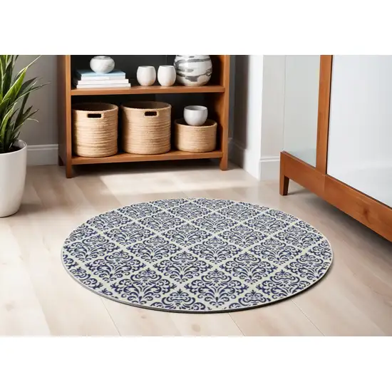 5' Blue and White Round Damask Power Loom Area Rug Photo 1