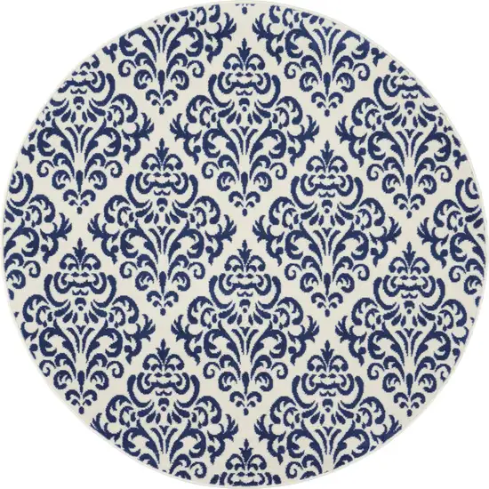 5' Blue and White Round Damask Power Loom Area Rug Photo 2