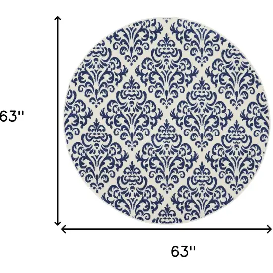 5' Blue and White Round Damask Power Loom Area Rug Photo 3