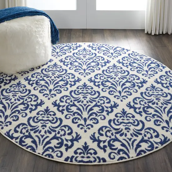 5' Blue and White Round Damask Power Loom Area Rug Photo 6