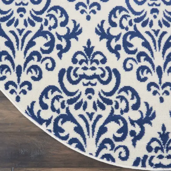 5' Blue and White Round Damask Power Loom Area Rug Photo 7