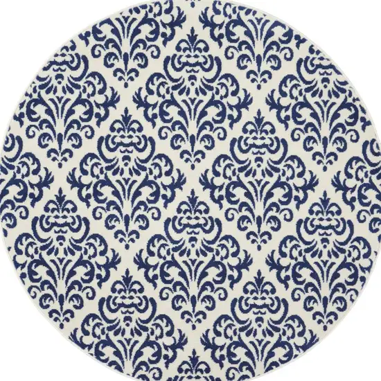 5' Blue and White Round Damask Power Loom Area Rug Photo 5