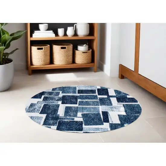 5' Blue and White Round Geometric Non Skid Area Rug Photo 1