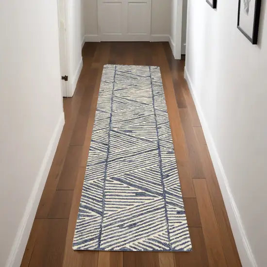 8' Blue and White Wool Abstract Runner Rug Photo 1