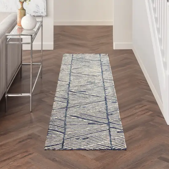 8' Blue and White Wool Abstract Runner Rug Photo 8