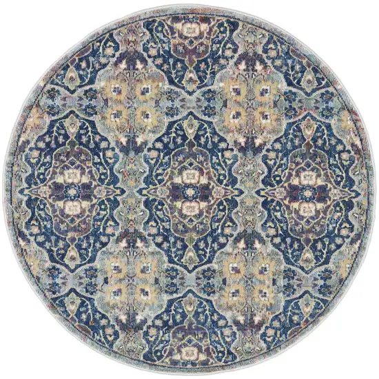 4' Blue and Yellow Floral Distressed Non Skid Round Rug Photo 2