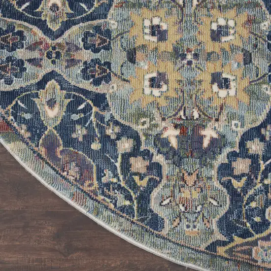 4' Blue and Yellow Floral Distressed Non Skid Round Rug Photo 4