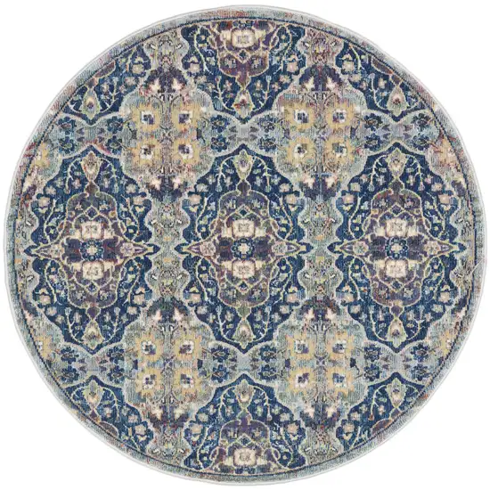 4' Blue and Yellow Floral Distressed Non Skid Round Rug Photo 8