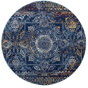 Photo of 6' Blue and Yellow Round Southwestern Power Loom Area Rug