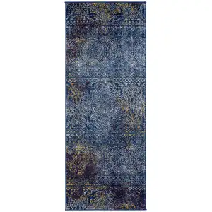 Photo of 6' Blue and Yellow Southwestern Power Loom Runner Rug