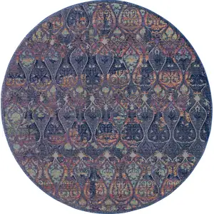 Photo of 4' Blue and Yellow Trellis Distressed Non Skid Round Rug