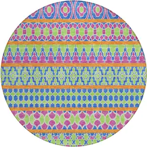 Photo of 8' Blush Blue And Lime Green Round Quatrefoil Washable Indoor Outdoor Area Rug