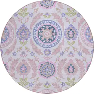 Photo of 8' Blush Lavender And Purple Round Floral Washable Indoor Outdoor Area Rug