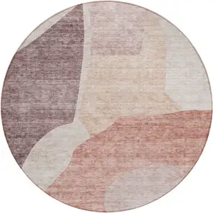 Photo of 8' Blush Pink And Mauve Round Abstract Washable Indoor Outdoor Area Rug