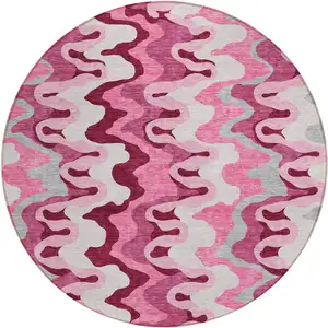 Photo of 8' Blush Pink And Mauve Round Abstract Washable Indoor Outdoor Area Rug