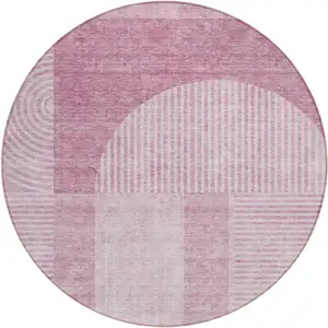 Photo of 8' Blush Pink And Mauve Round Geometric Washable Indoor Outdoor Area Rug