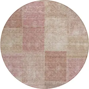 Photo of 8' Blush Pink And Mauve Round Patchwork Washable Indoor Outdoor Area Rug