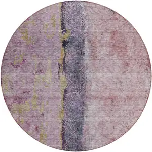 Photo of 8' Blush Pink And Purple Round Abstract Washable Indoor Outdoor Area Rug