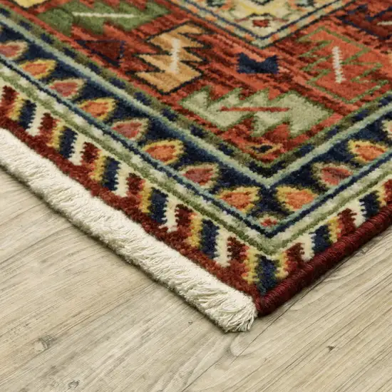 12' Brick Red Orange Rust Beige Gold Pale Blue Olive Navy And Black Oriental Power Loom Runner Rug With Fringe Photo 7