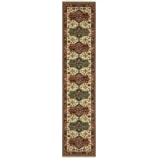 12' Brick Red Orange Rust Beige Gold Pale Blue Olive Navy And Black Oriental Power Loom Runner Rug With Fringe Photo 1