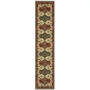 Photo of 12' Brick Red Orange Rust Beige Gold Pale Blue Olive Navy And Black Oriental Power Loom Runner Rug With Fringe