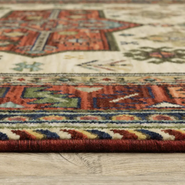 12' Brick Red Orange Rust Beige Gold Pale Blue Olive Navy And Black Oriental Power Loom Runner Rug With Fringe Photo 3