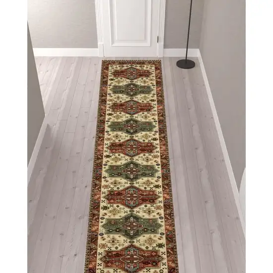 12' Brick Red Orange Rust Beige Gold Pale Blue Olive Navy And Black Oriental Power Loom Runner Rug With Fringe Photo 2