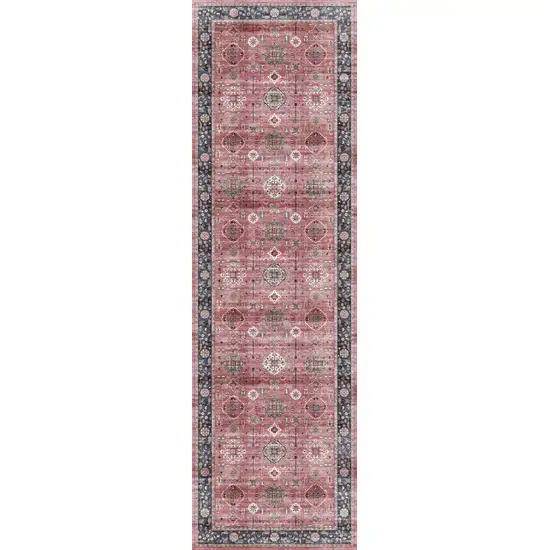 8' Brick Red and Black Oriental Distressed Non Skid Runner Rug Photo 2