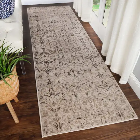 8' Bronze Floral Vines Power Loom Stain Resistant Runner Rug Photo 7