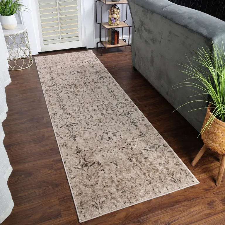 8' Bronze Floral Vines Power Loom Stain Resistant Runner Rug Photo 5