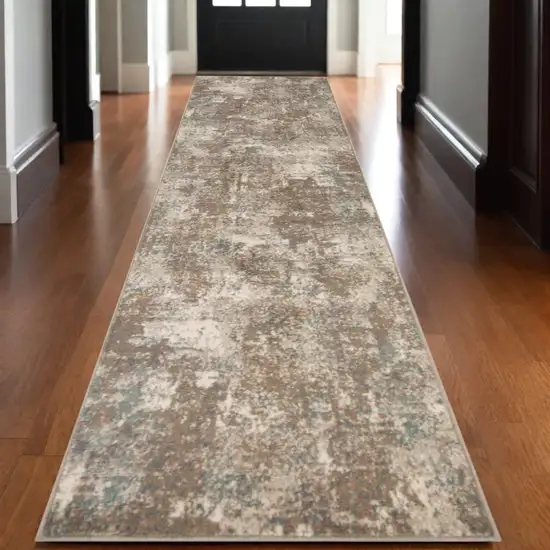 10' Gray and Light Brown Abstract Power Loom Runner Rug Photo 1