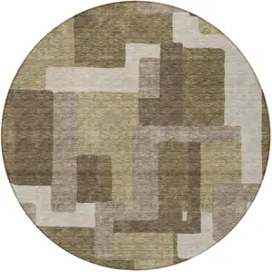 Photo of 8' Brown And Beige Round Abstract Washable Indoor Outdoor Area Rug