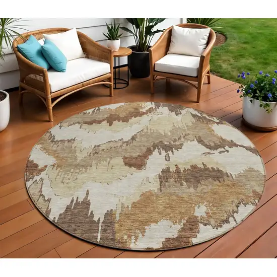 8' Brown And Beige Round Abstract Washable Indoor Outdoor Area Rug Photo 1