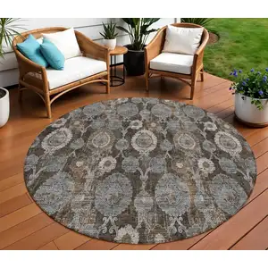 Photo of 8' Brown And Beige Round Damask Washable Indoor Outdoor Area Rug