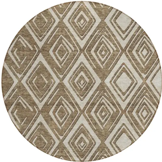 8' Brown And Beige Round Geometric Washable Indoor Outdoor Area Rug Photo 5