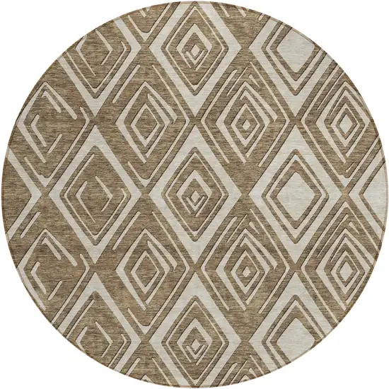 8' Brown And Beige Round Geometric Washable Indoor Outdoor Area Rug Photo 2