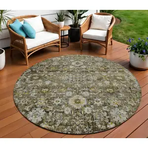 Photo of 8' Brown And Beige Round Oriental Washable Indoor Outdoor Area Rug