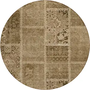 Photo of 8' Brown And Beige Round Patchwork Washable Indoor Outdoor Area Rug