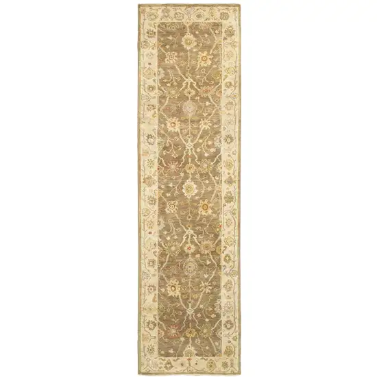 10' Brown And Beige Wool Oriental Hand Knotted Runner Rug Photo 2