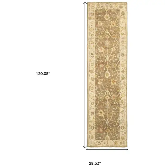 10' Brown And Beige Wool Oriental Hand Knotted Runner Rug Photo 3